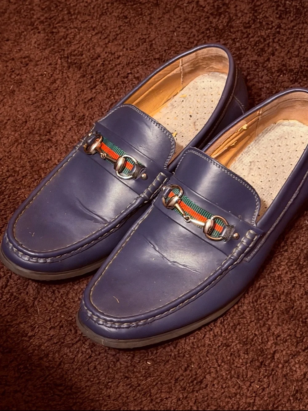 Men's Navy Leather Slip-On Loafers with Red-Green Accent